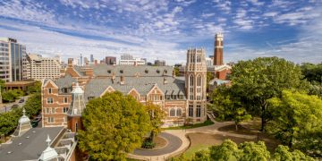 Aerial drone image of campus.  EBI and Kirkland Hall. (John Russell/Vanderbilt University)