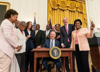 President Joe Biden, joined by Vice President Kamala Harris, lawmakers and guests, signs the Juneteenth National Independence Day Act Bill on Thursday, June 17, 2021, in the East Room of the White House. (Official White House Photo by Chandler West)