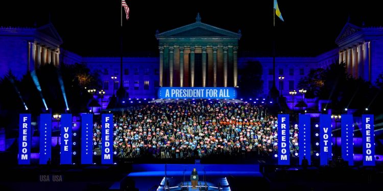 Vice President Kamala Harris delivers remarks during a campaign rally held at the Rocky Steps at the Philadelphia Museum of Art in Philadelphia, Pennsylvania, November 4, 2024. (Kit Karzen/Harris for President)